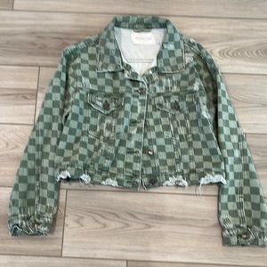 Green Checker Distressed Jean Jacket